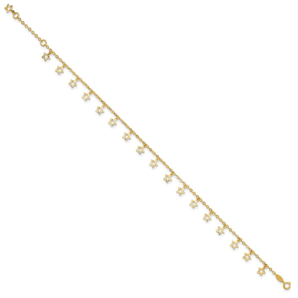 14K Yellow Gold Polished and Textured Dangle Stars 9 Inch Plus 1 Inch Star Dangle Extender - Total 10 Inch Anklet
