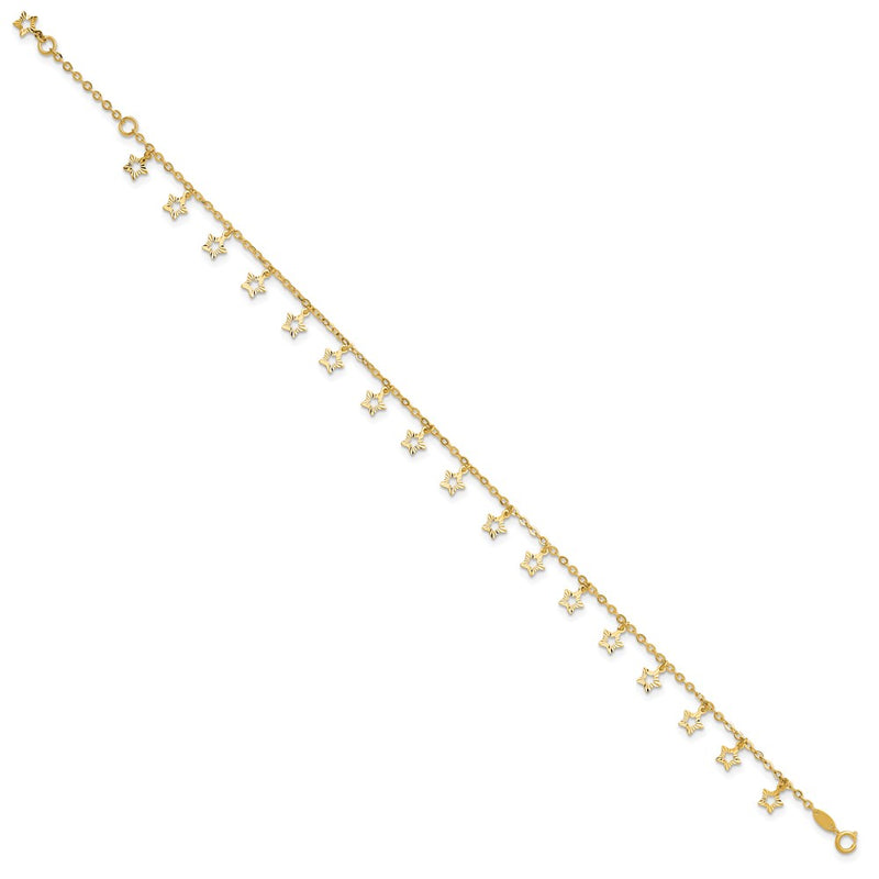 14K Yellow Gold Polished and Textured Dangle Stars 9 Inch Plus 1 Inch Star Dangle Extender - Total 10 Inch Anklet