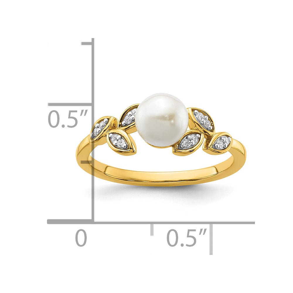 14K Yellow Gold Polished 1/20 carat Diamond and Freshwater Cultured Pearl Leaf Design Size 7 Ring
