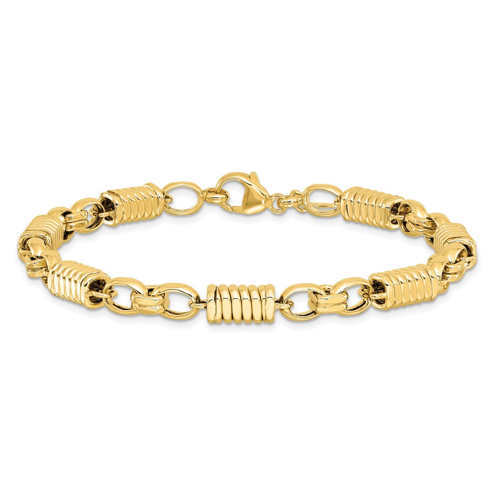 14K Yellow Gold Polished and Grooved 5.4mm Fancy Link 8.5 Inch Mens Bracelet