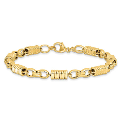14K Yellow Gold Polished and Grooved 5.4mm Fancy Link 8.5 Inch Mens Bracelet