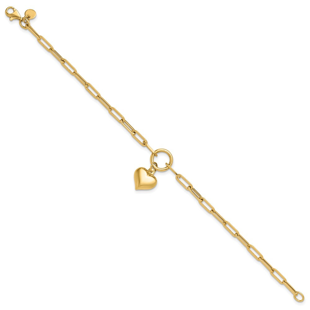 14K Yellow Gold Polished Puffed Heart Dangle Paper Clip Link 7.25 Inch Bracelet