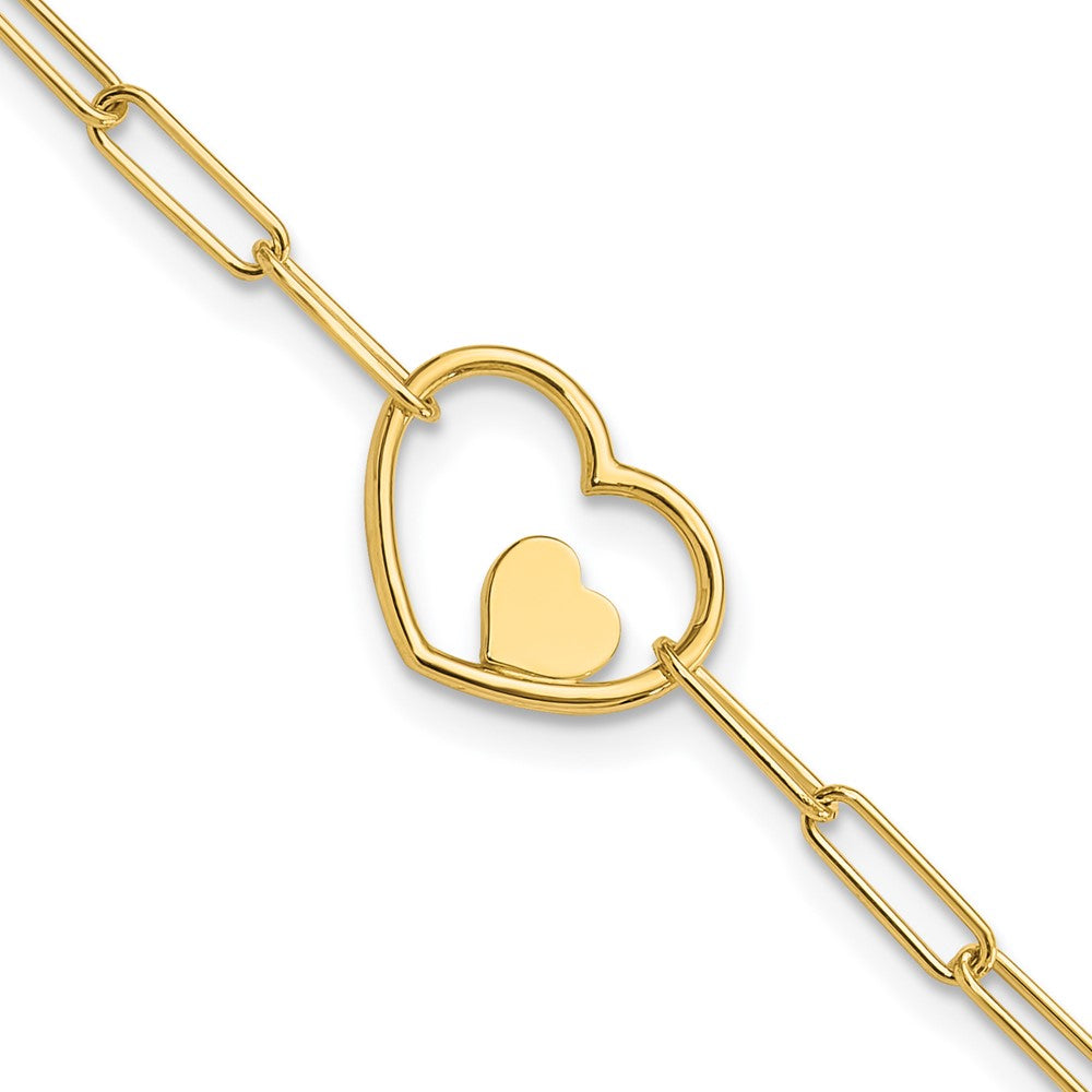 14K Yellow Gold Double Hearts and Paperclip Links Chain Bracelet