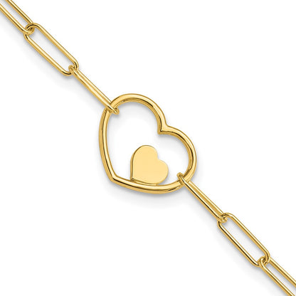 14K Yellow Gold Double Hearts and Paperclip Links Chain Bracelet
