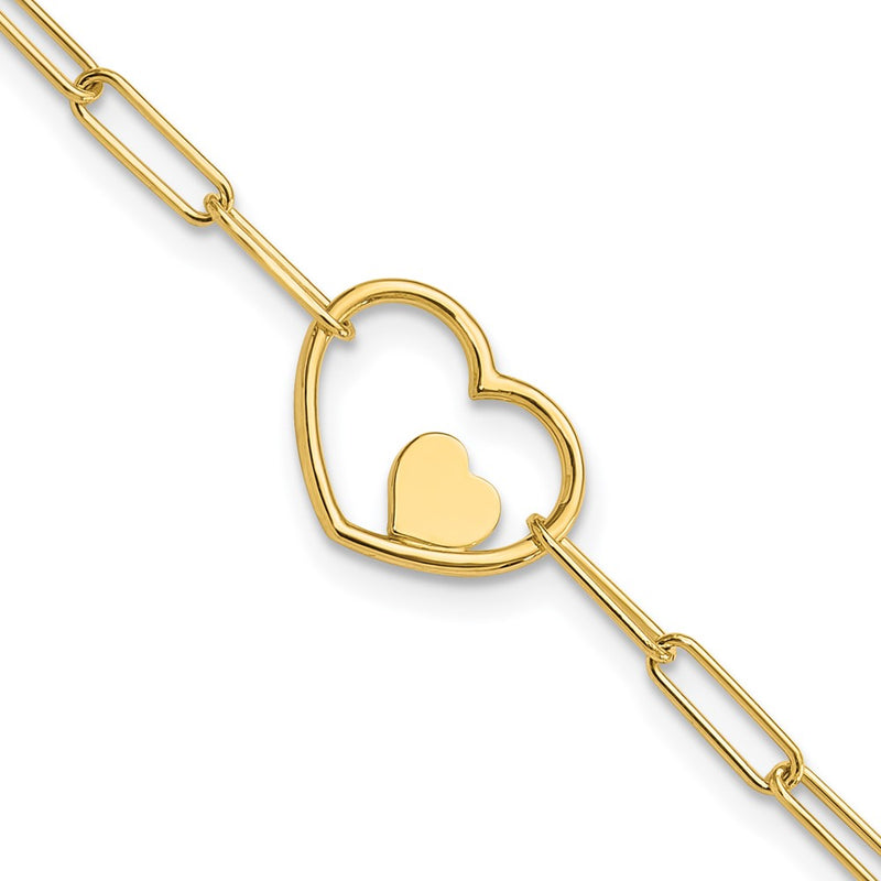 14K Yellow Gold Double Hearts and Paperclip Links Chain Bracelet