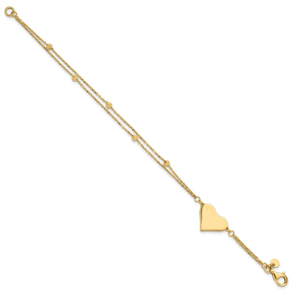 14K Yellow Gold Polished 11x18mm Heart and Diamond-cut Beaded 2-Strand Chain Bracelet