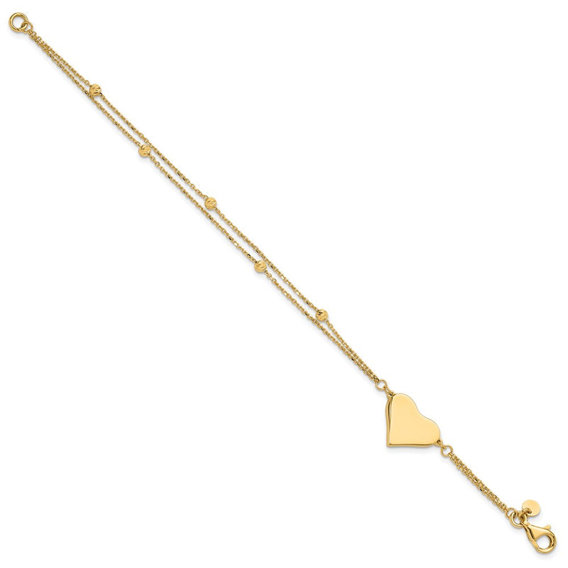 14K Yellow Gold Polished 11x18mm Heart and Diamond-cut Beaded 2-Strand Chain Bracelet
