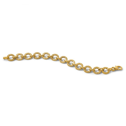 14K Yellow Gold Polished and Textured 12mm Fancy Round Link Chain Bracelet