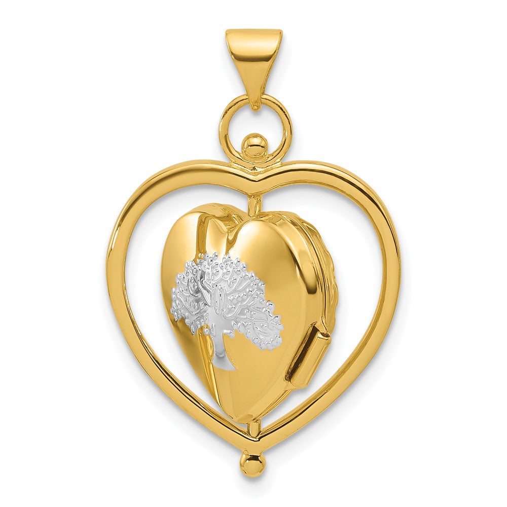 14K Yellow Gold and Rhodium Tree of Life and Flowers in Spinning Frame Reversible 15mm Heart Locket