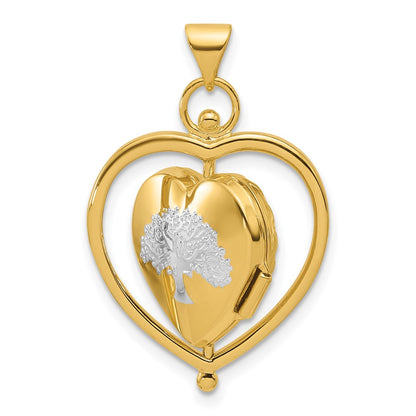 14K Yellow Gold and Rhodium Tree of Life and Flowers in Spinning Frame Reversible 15mm Heart Locket