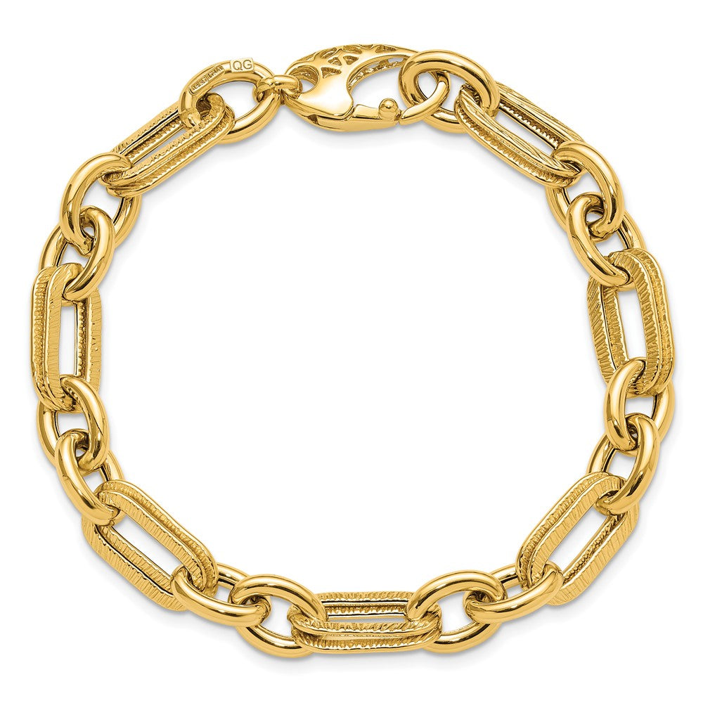 14K Yellow Gold Polished and Textured 7.7mm Fancy Link 7.5 Inch Bracelet