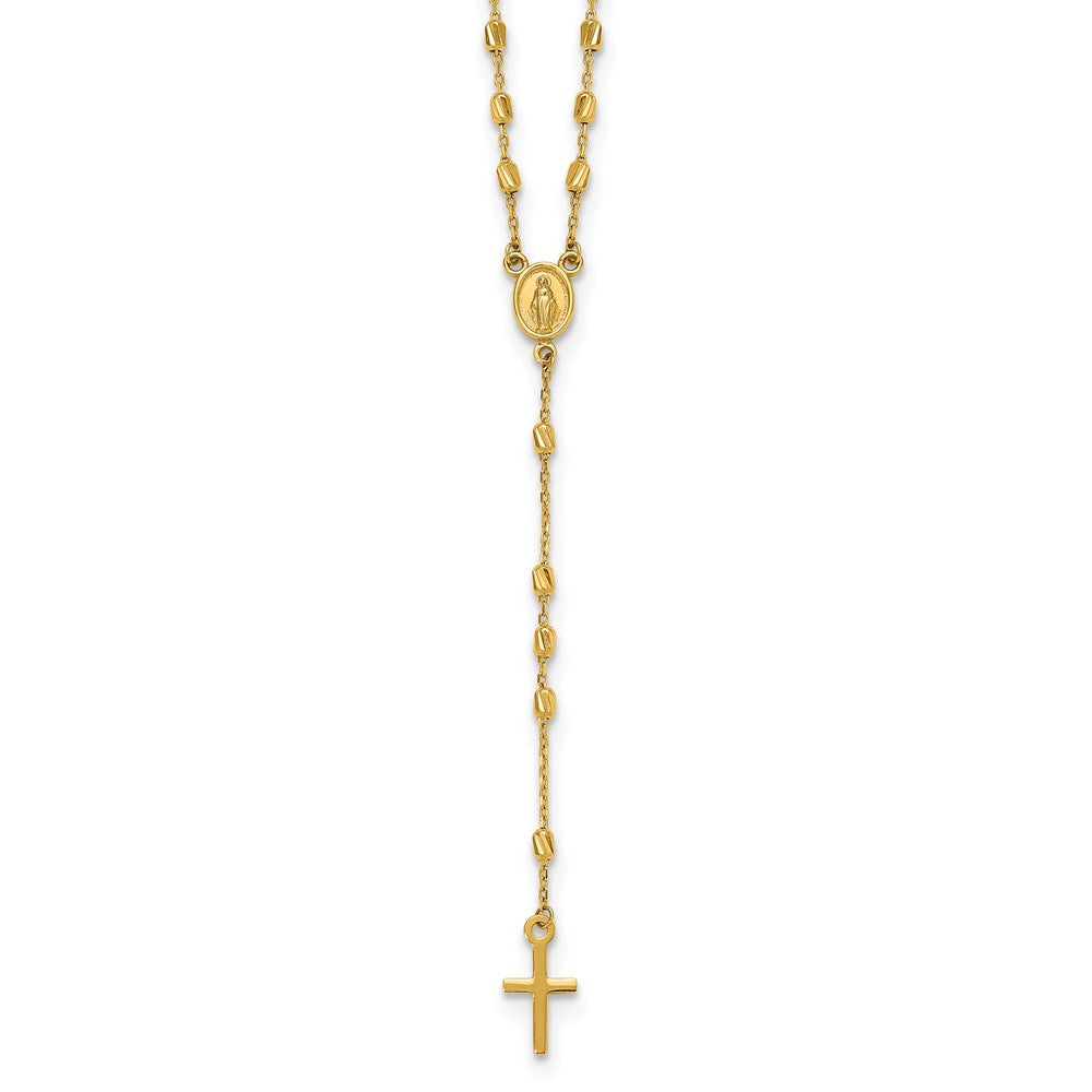 14K Yellow Gold Polished Cross and Miraculous Medal Diamond-cut Beaded 16.75 Inch Rosary Necklace with 2 Inch Extender