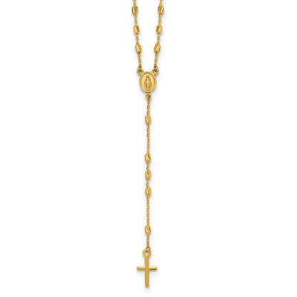 14K Yellow Gold Polished Cross and Miraculous Medal Diamond-cut Beaded 16.75 Inch Rosary Necklace with 2 Inch Extender