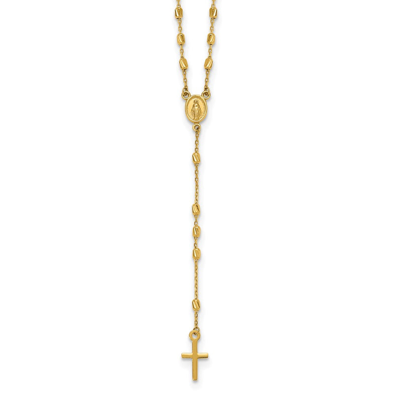 14K Yellow Gold Polished Cross and Miraculous Medal Diamond-cut Beaded 16.75 Inch Rosary Necklace with 2 Inch Extender