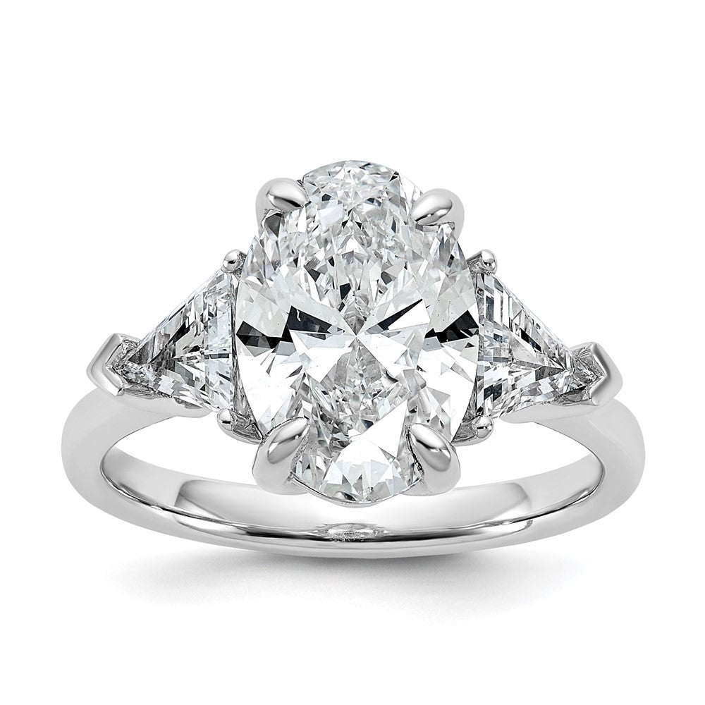 14K White Gold 1 1/8 carat Lab Grown Diamond VS+ F+ Trillion and 3 carat Oval Center Semi Mount Three Stone Engagement Ring