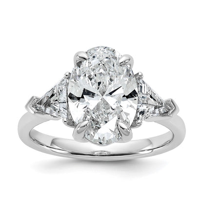 14K White Gold 1 1/8 carat Lab Grown Diamond VS+ F+ Trillion and 3 carat Oval Center Semi Mount Three Stone Engagement Ring