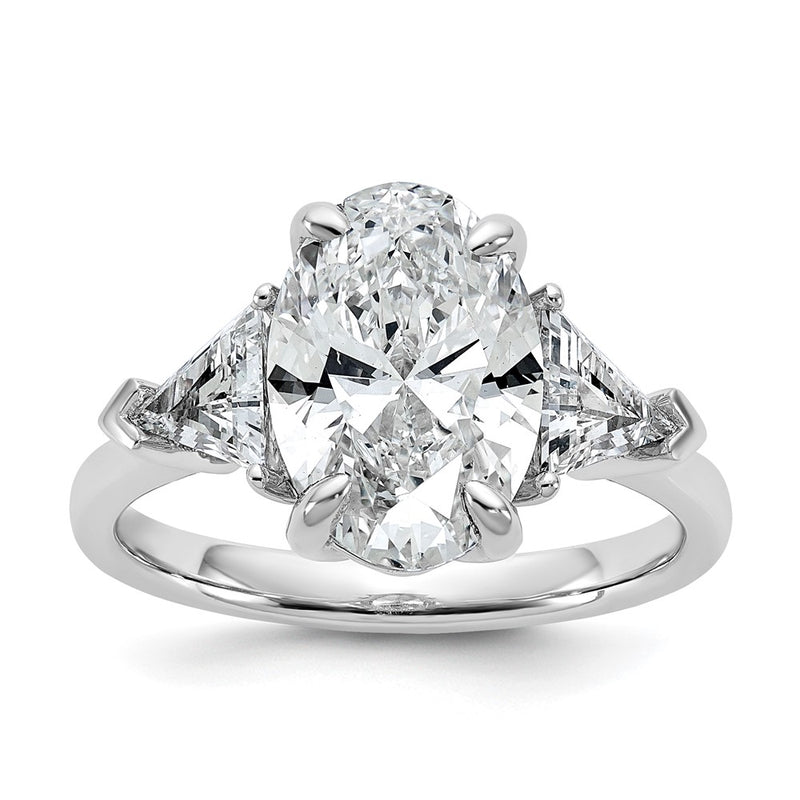 14K White Gold 1 1/8 carat Lab Grown Diamond VS+ F+ Trillion and 3 carat Oval Center Semi Mount Three Stone Engagement Ring
