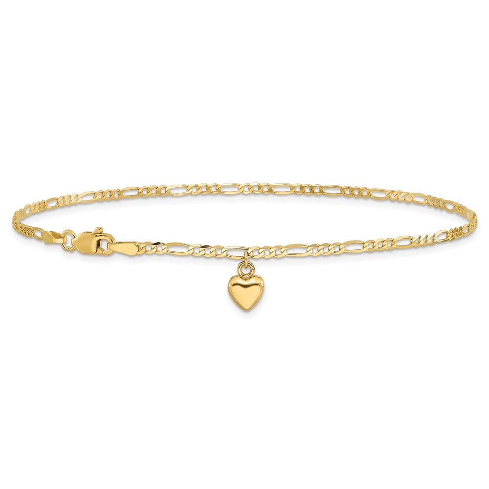 14K Yellow Gold Figaro Link Chain with Dangling Puffed Heart Anklet