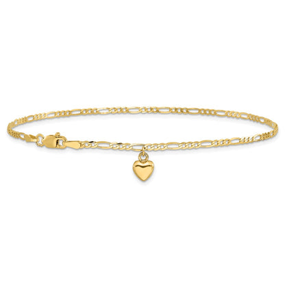 14K Yellow Gold Figaro Link Chain with Dangling Puffed Heart Anklet