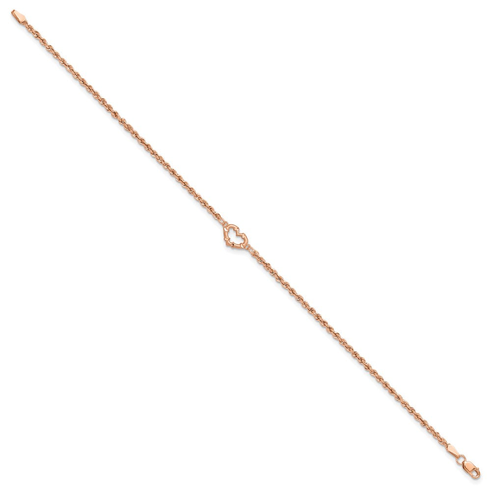 14K Rose Gold Diamond-cut Open Heart and Rope Chain Bracelet