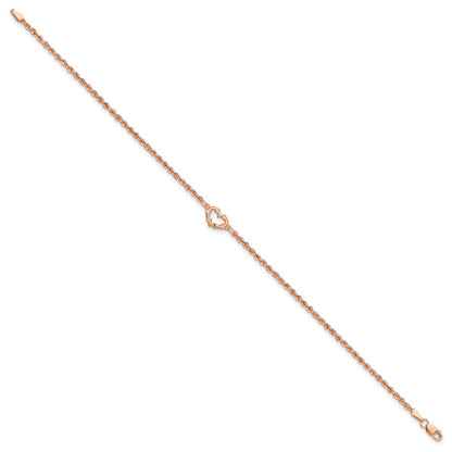 14K Rose Gold Diamond-cut Open Heart and Rope Chain Bracelet
