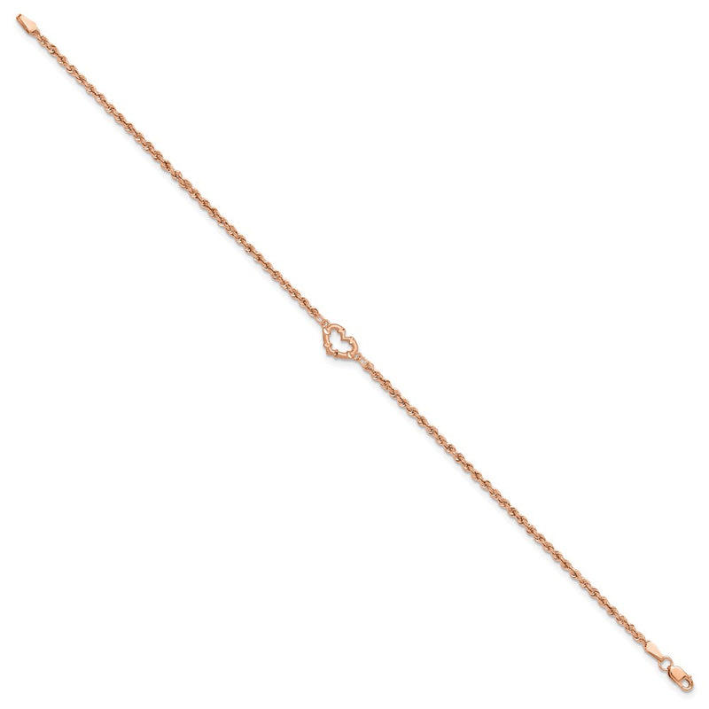 14K Rose Gold Diamond-cut Open Heart and Rope Chain Bracelet