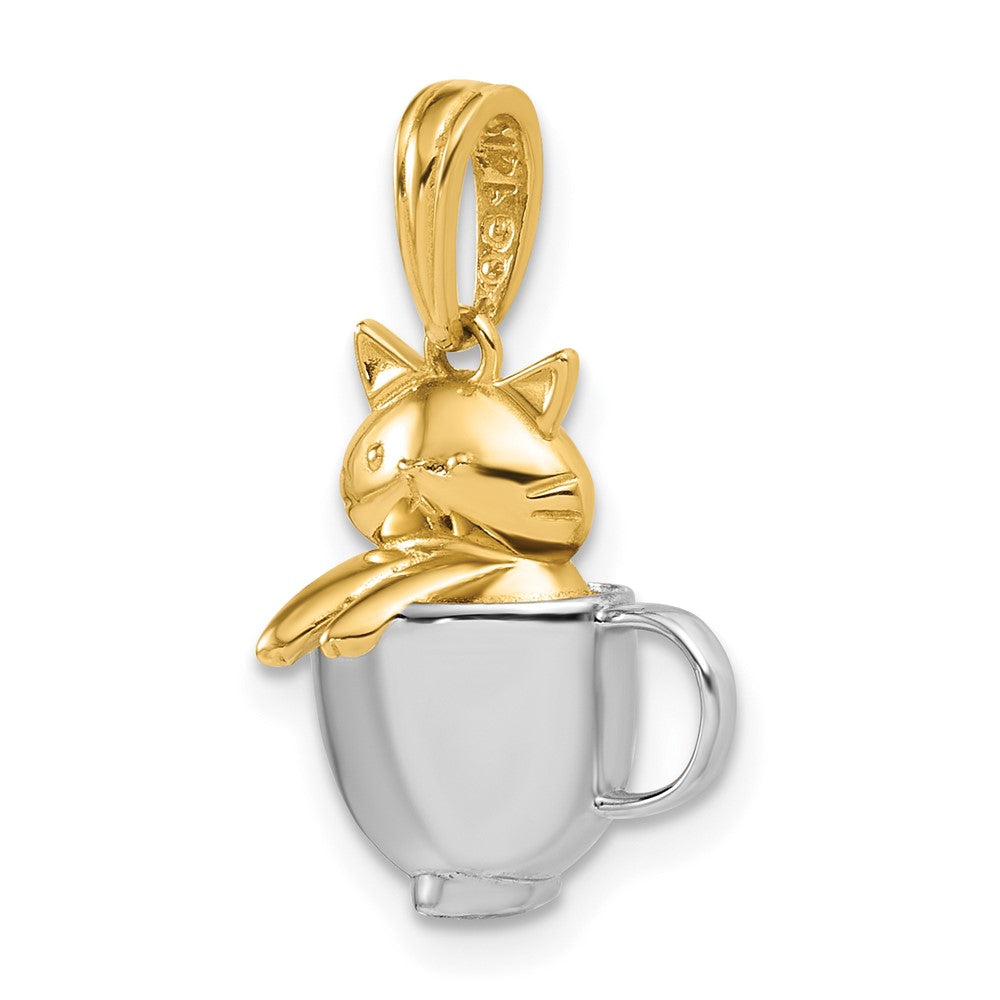 14K Yellow Gold with Rhodium Polished 3-D Cat In Mug Charm