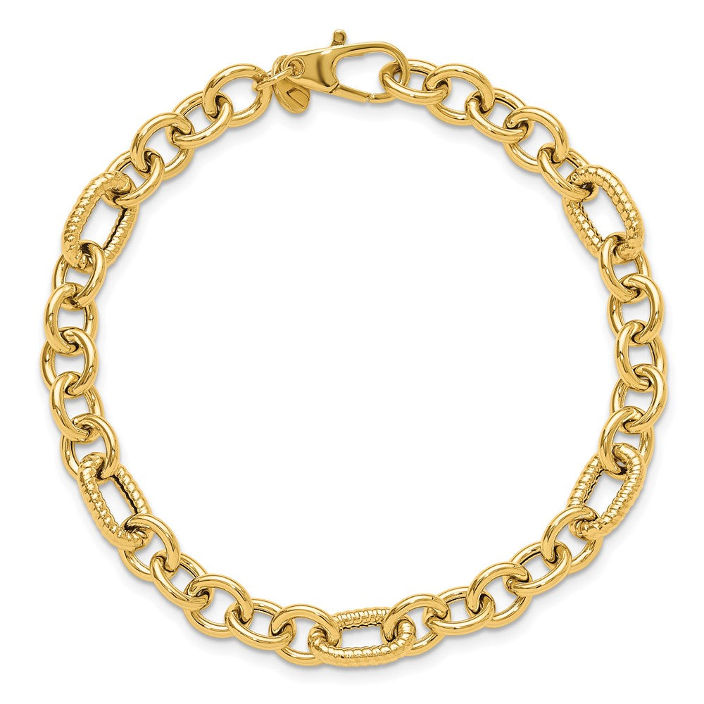 14K Yellow Gold Polished and Textured 6.4mm Fancy Link 7.5 Inch Bracelet