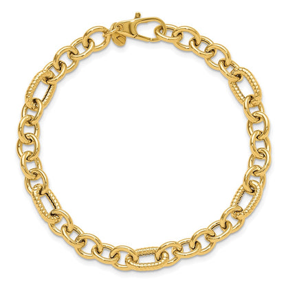 14K Yellow Gold Polished and Textured 6.4mm Fancy Link 7.5 Inch Bracelet