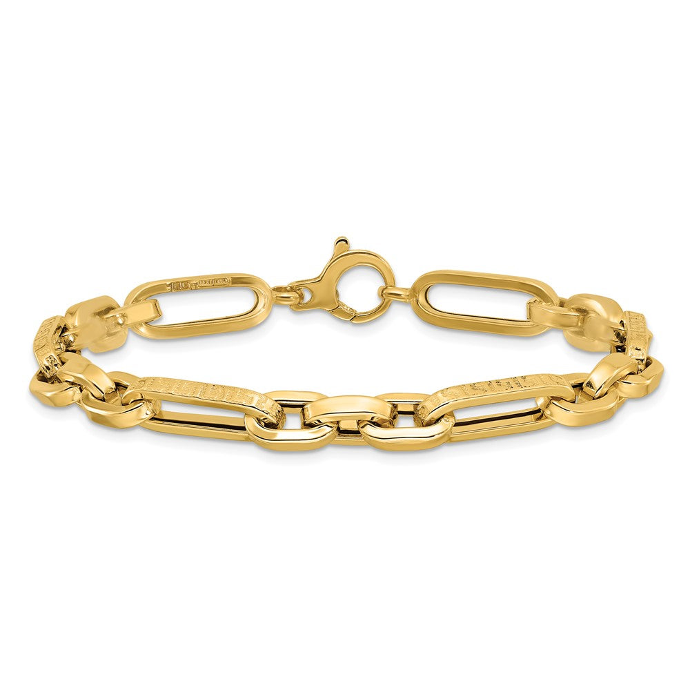 14K Yellow Gold Polished and Textured 7.2mm Greek Key Design Figaro Cable Link 8 Inch Bracelet
