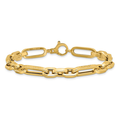 14K Yellow Gold Polished and Textured 7.2mm Greek Key Design Figaro Cable Link 8 Inch Bracelet