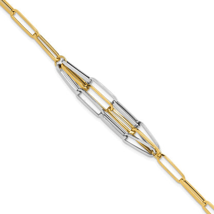 14K Two-Tone Gold Two-tone Polished Fancy Paperclip Link 7.5 Inch Bracelet
