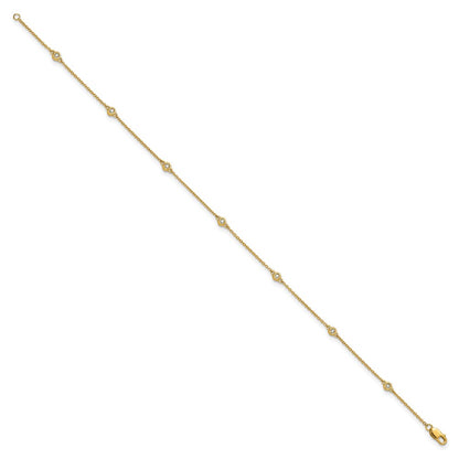 14K Yellow Gold Complete 1/8 carat Bezel-set Diamond and Cable Chain 7-Station 9 Inch Anklet