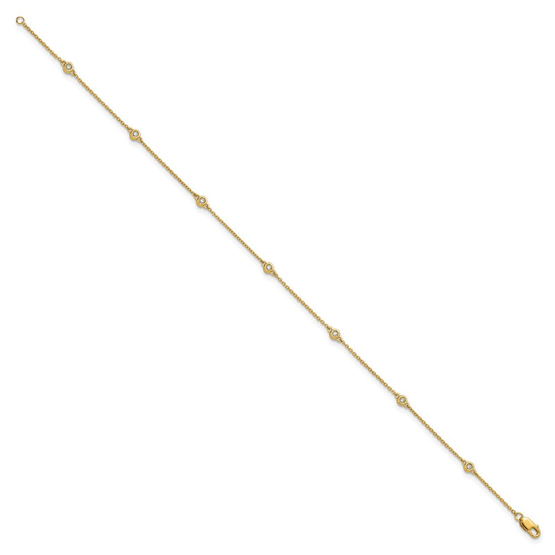 14K Yellow Gold Complete 1/8 carat Bezel-set Diamond and Cable Chain 7-Station 9 Inch Anklet