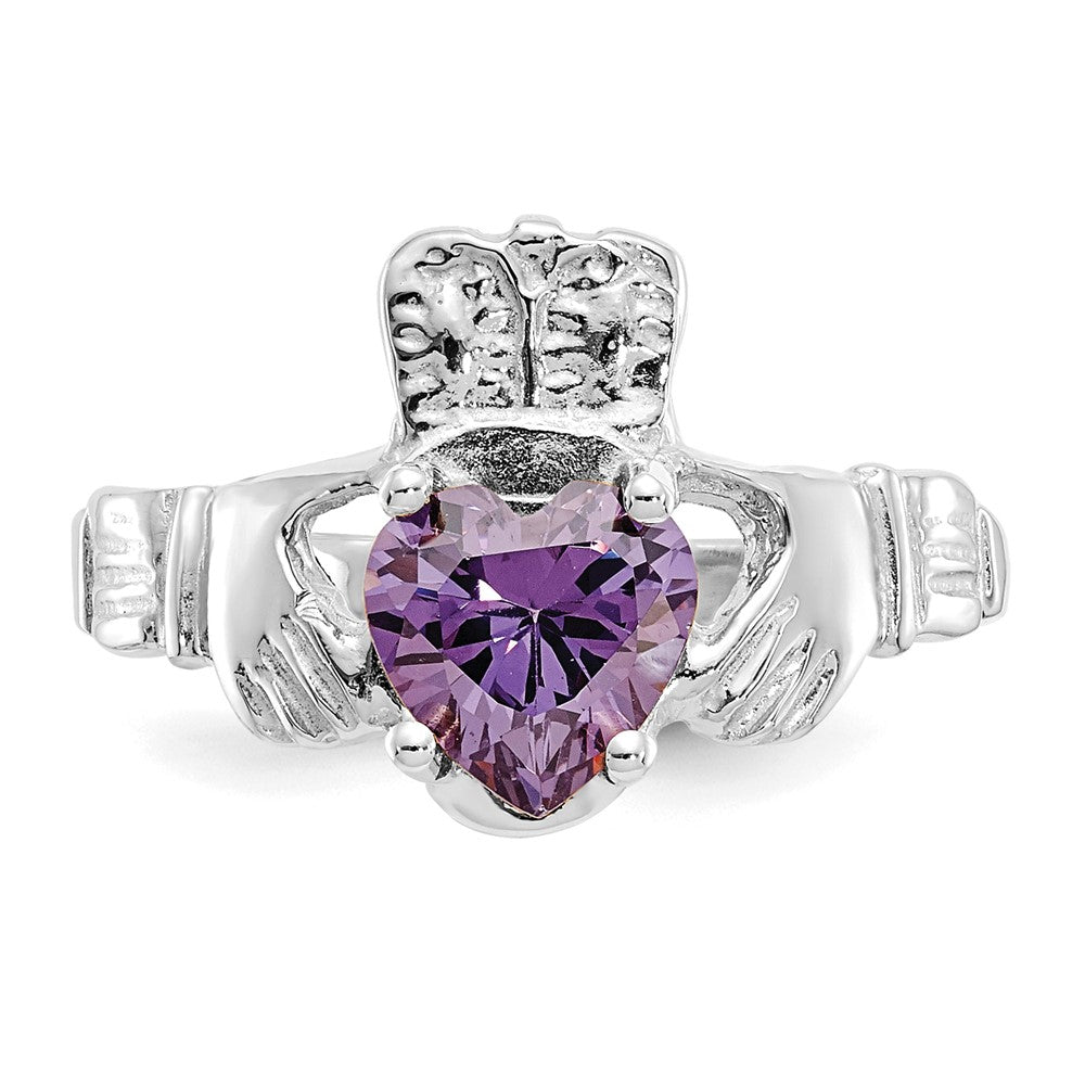 14K White Gold February CZ Heart Birthstone Claddagh Ring