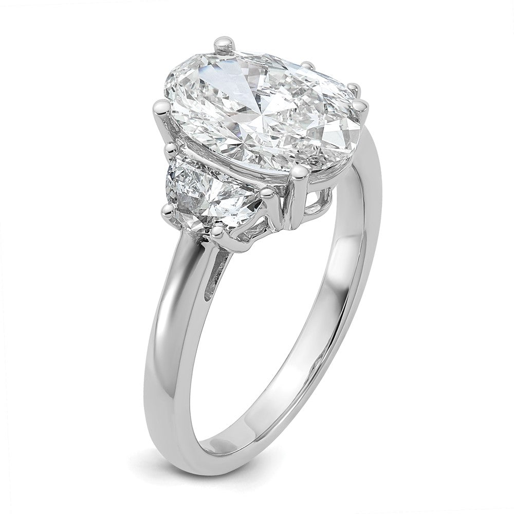 14K White Gold 3 1/8 carat Certified Lab Grown Diamond VS+ F+ Complete Oval and Half Moon Three Stone Engagement Ring