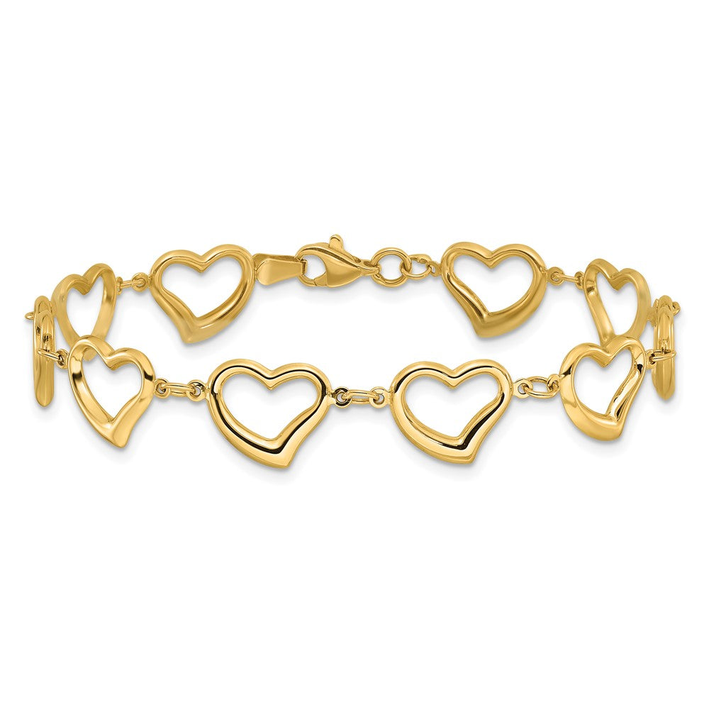 14K Yellow Gold Polished Open Heart Link 7 Inch Bracelet