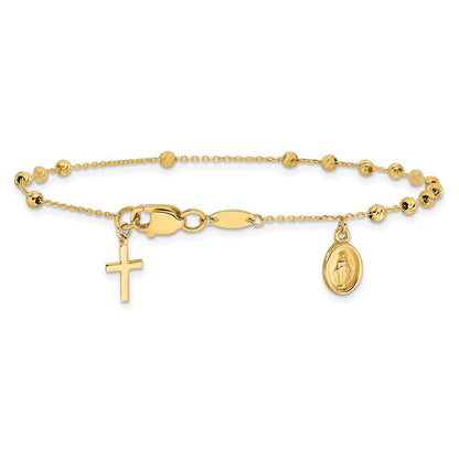 14K Yellow Gold Polished and Diamond-cut Miraculous Medal and Cross 7.5 Inch Rosary Bracelet