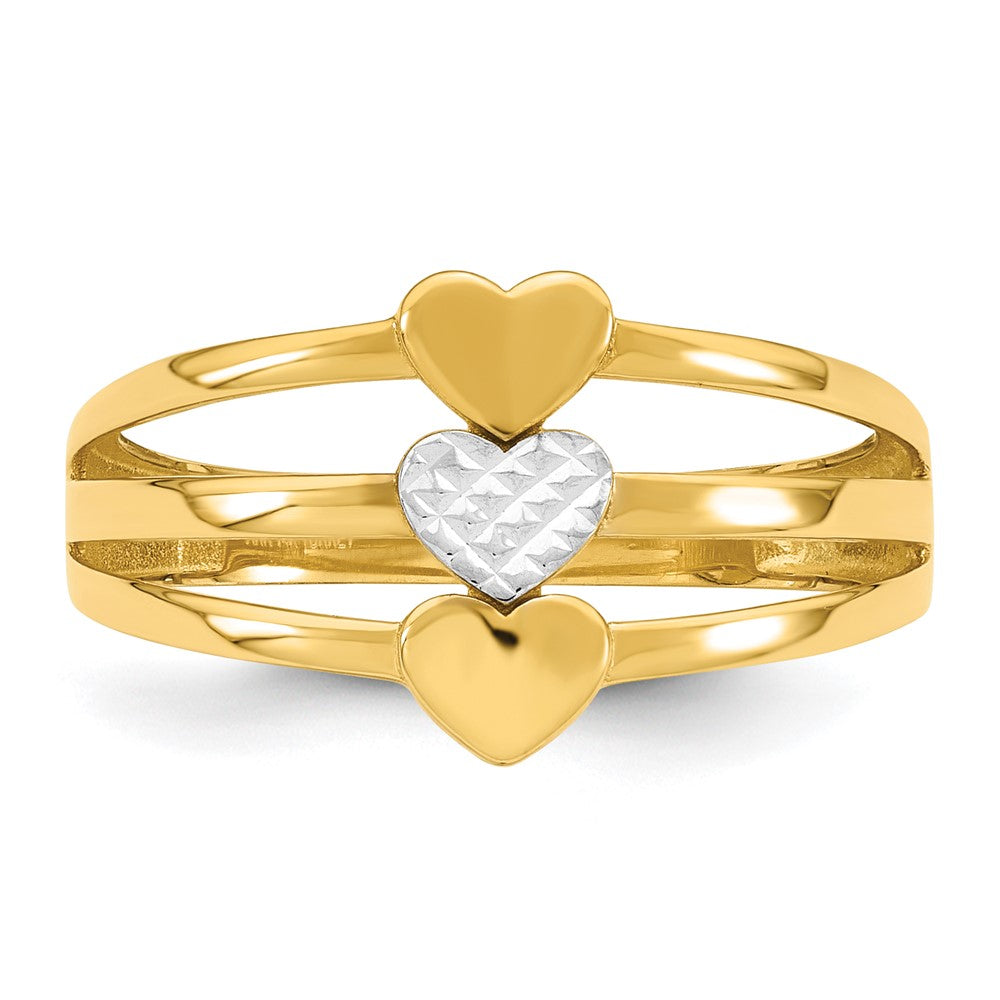 14K Yellow Gold with Rhodium Polished and Diamond-cut Three Hearts Size 7 Ring