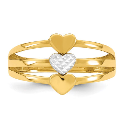 14K Yellow Gold with Rhodium Polished and Diamond-cut Three Hearts Size 7 Ring