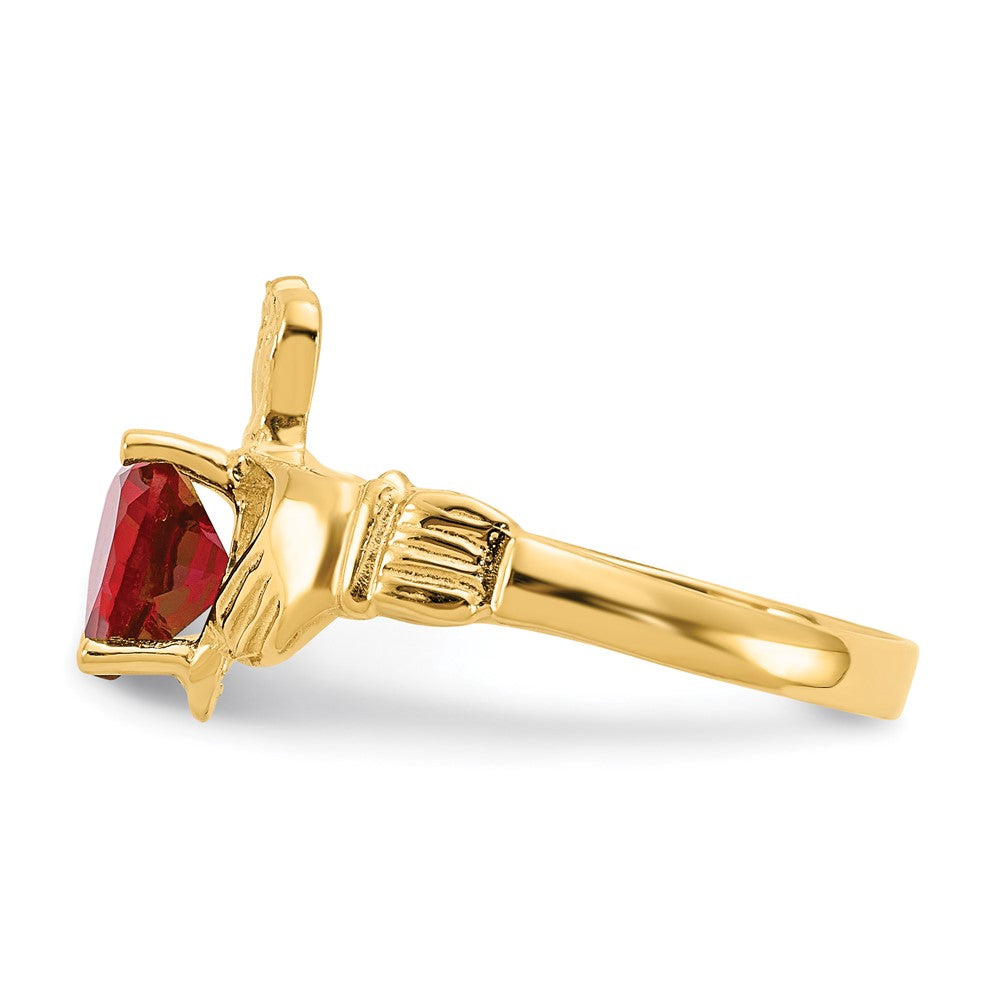 14K Yellow Gold July CZ Heart Birthstone Claddagh Ring