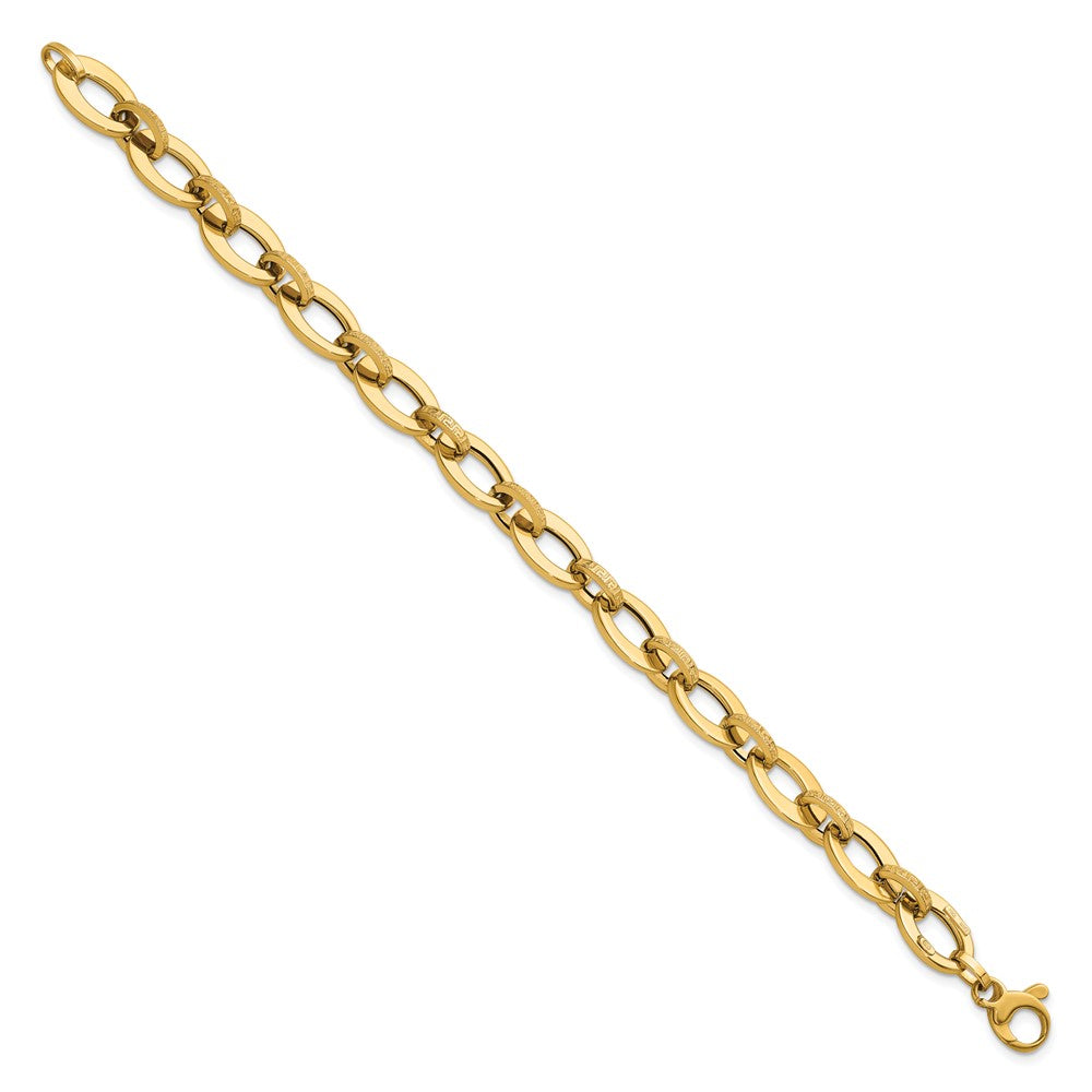 14K Yellow Gold Polished and Textured Greek Key Etched 10mm Fancy Oval Link 7.75 Inch Bracelet