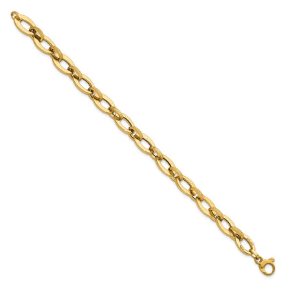 14K Yellow Gold Polished and Textured Greek Key Etched 10mm Fancy Oval Link 7.75 Inch Bracelet