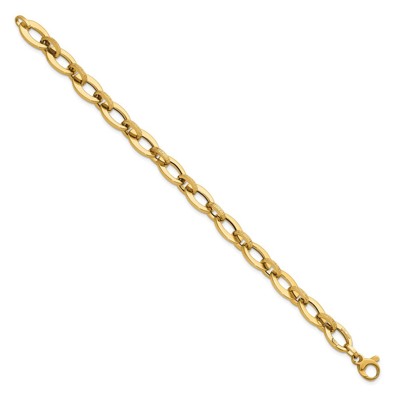 14K Yellow Gold Polished and Textured Greek Key Etched 10mm Fancy Oval Link 7.75 Inch Bracelet