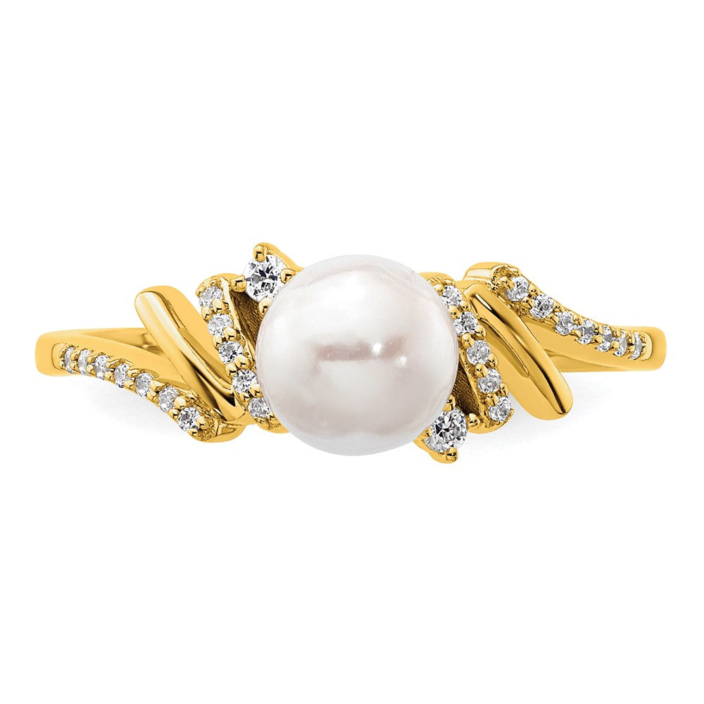 14K Yellow Gold Polished 1/10 carat Diamond and Freshwater Cultured Pearl Size 7 Ring