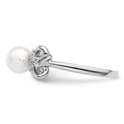 14K White Gold Polished Diamond and Pearl Fashion Ring