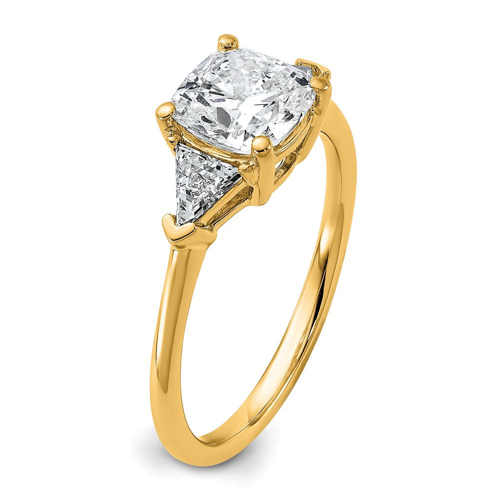 14K Yellow Gold 1/2 carat Lab Grown Diamond VS+ F+ Triangle 1 1/2 carat Cushion Center Semi Mount Three Stone Engagement Ring