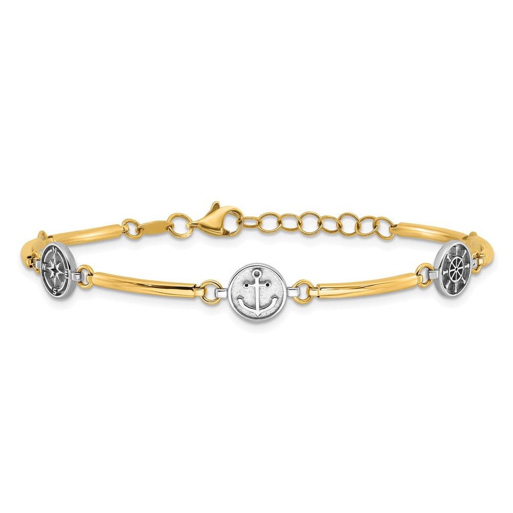 14K Two-Tone Gold Two-tone Polished Compass/Anchor/Ships Wheel 7 Inch Bracelet Plus 1 Inch Extender
