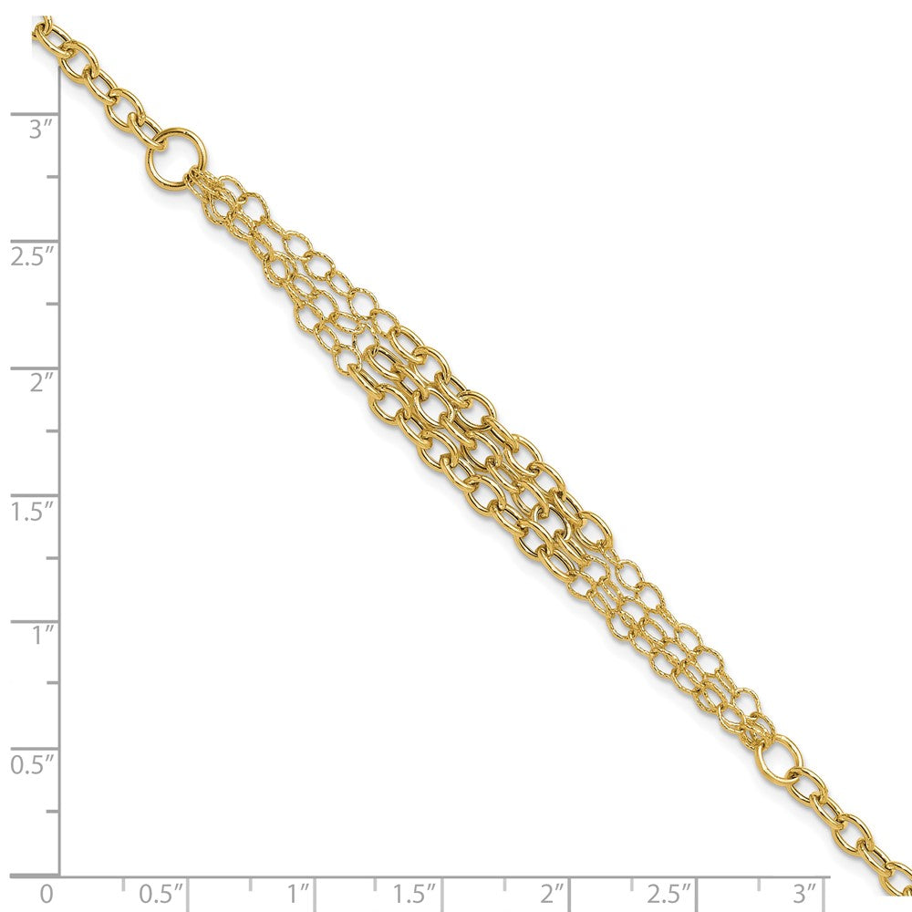 14K Yellow Gold Polished and Textured Fancy Cable with 3-Strand Center 7.5 Inch Bracelet Plus 0.5 Inch Extender