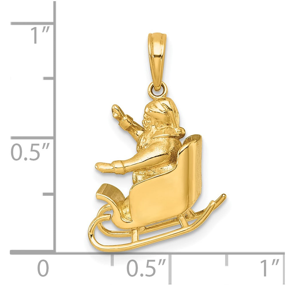 14K Yellow Gold Polished 3-D Waving Santa In Sleigh Charm
